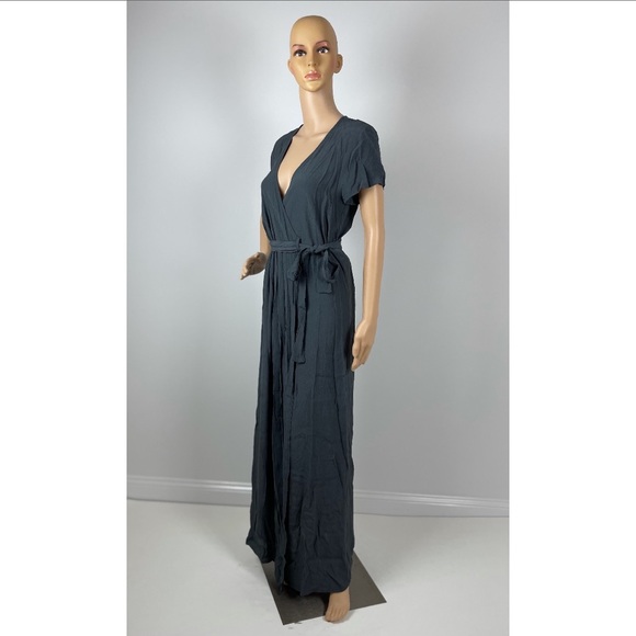 Dark Grey V-neck Tie-front Short Sleeve Wrapped Maxi Dress - Picture 1 of 5